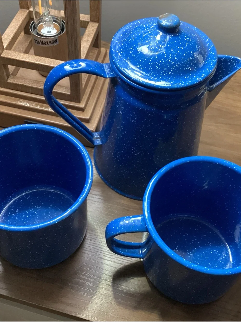 Blue Speckled Enamel Coffee Pot & Mugs Set